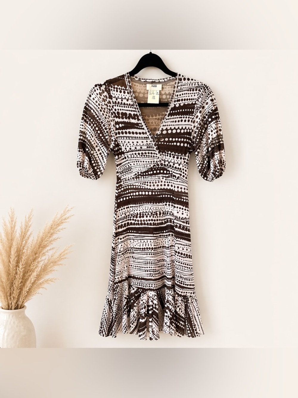 Fuzzi Brown White Mesh Midi Dress Size S Stretch Bodycon Made in Italy